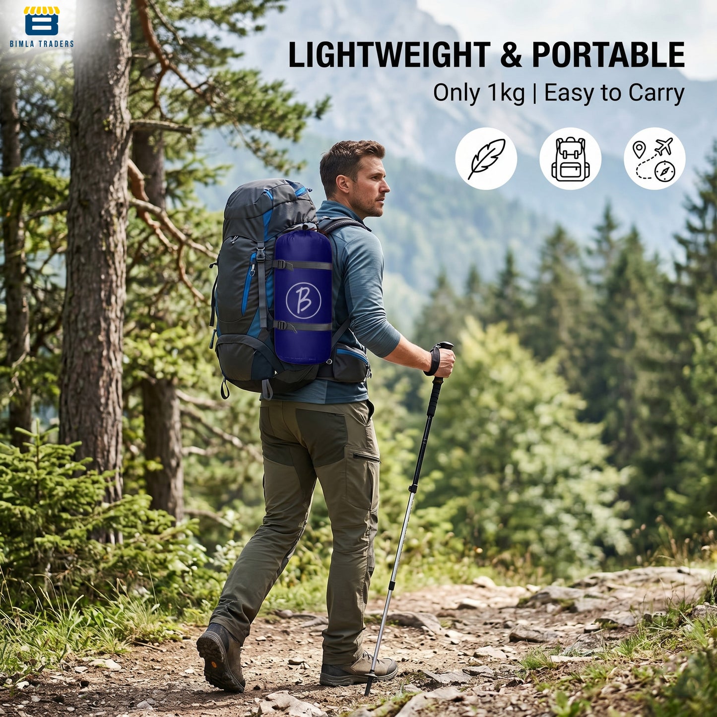 Bimla Traders Sleeping Bag for Camping & Travel | Regular Size Lightweight Sleeping Bag (1kg) | Comfortable, Easy to Carry & Store. Pack of 1
