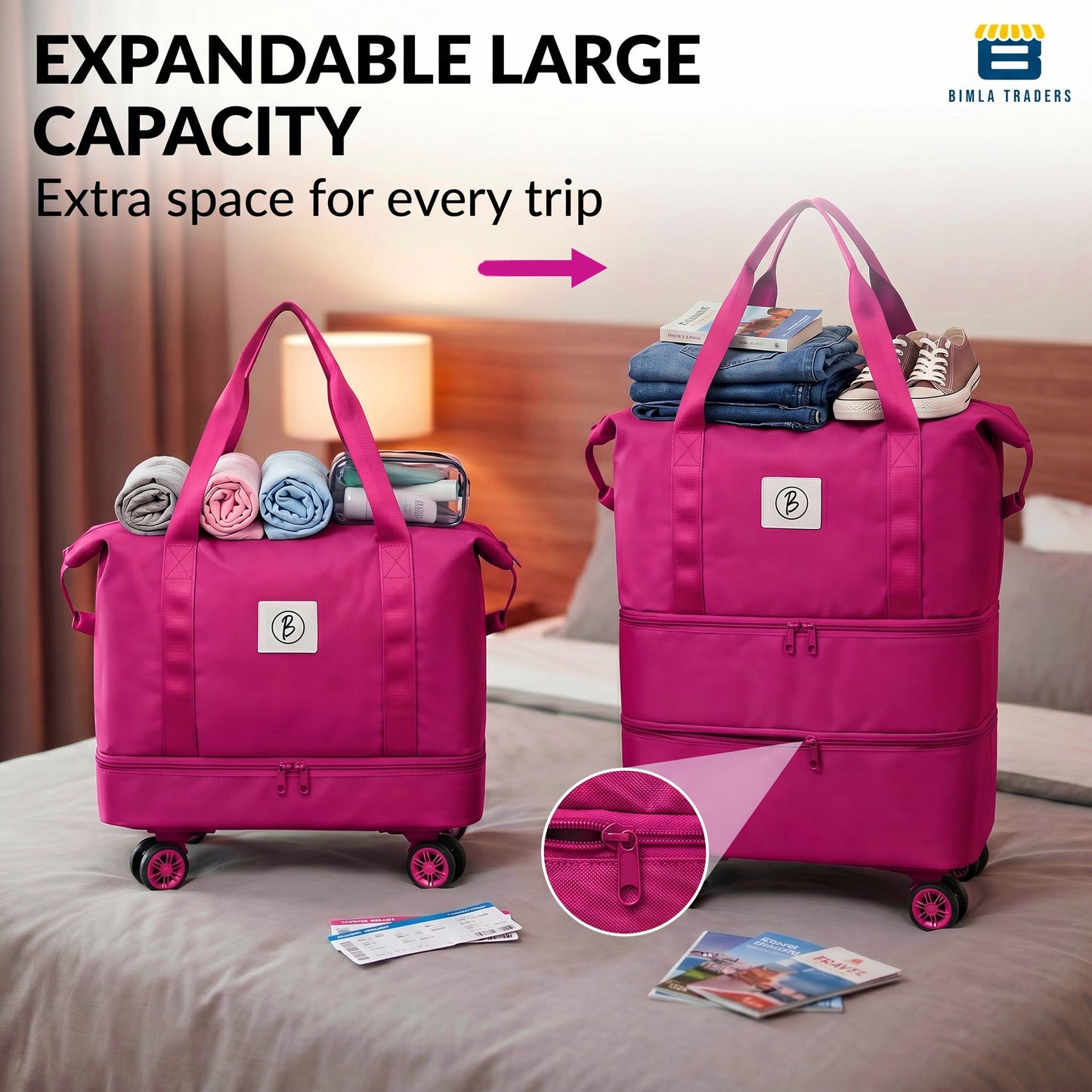 Bimla Traders Travel Duffle Bag with Wheels | Expandable & Waterproof Traveling Bag for Unisex (Pack of 1)
