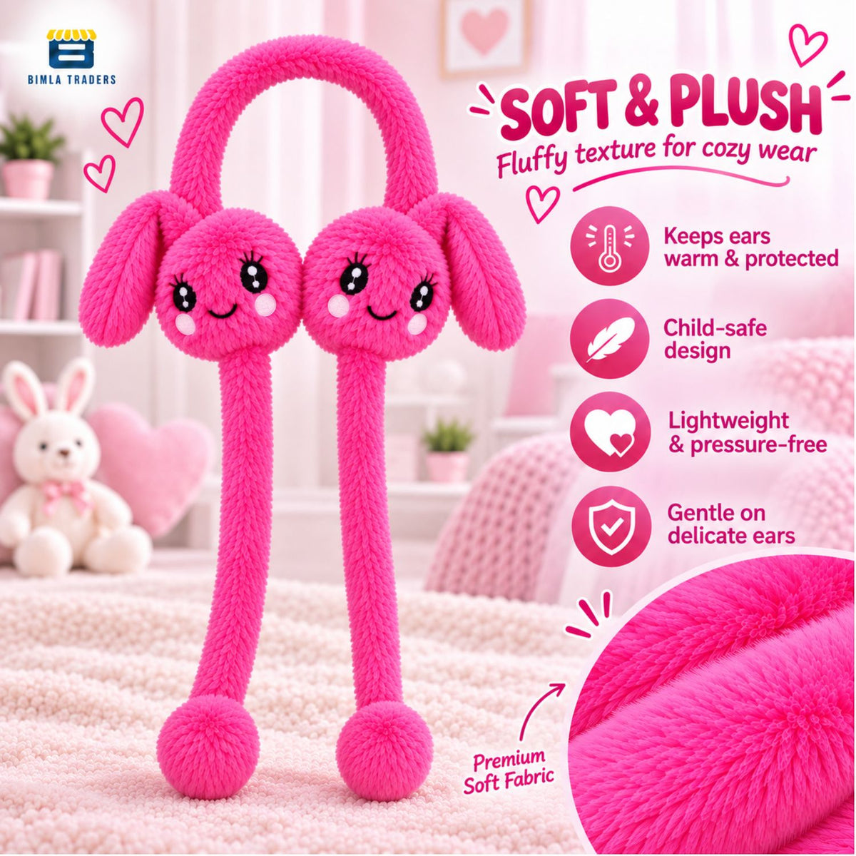 Bimla Traders Kids Premium Plush Bunny Earmuffs – Ultra-Soft, Windproof Ear Warmers with Animated Moving Ears