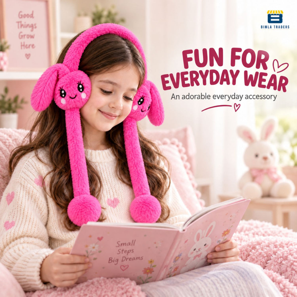 Bimla Traders Kids Premium Plush Bunny Earmuffs – Ultra-Soft, Windproof Ear Warmers with Animated Moving Ears