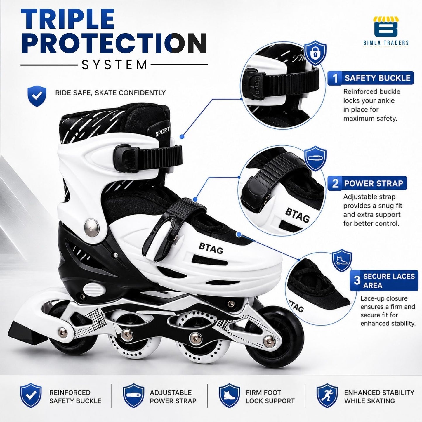 Btag Kids Inline Skates with 4 Wheels | Adjustable Roller Skate Shoes for Boys & Girls | Comfortable & Durable Skating Shoes | 1 Pair
