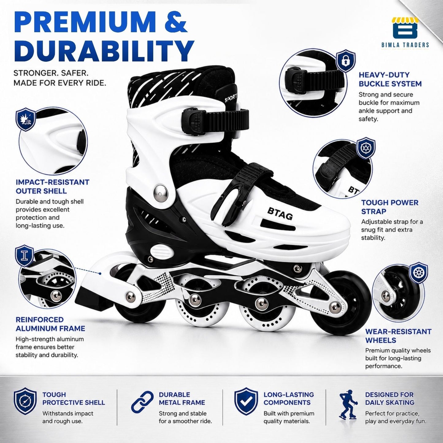 Btag Kids Inline Skates with 4 Wheels | Adjustable Roller Skate Shoes for Boys & Girls | Comfortable & Durable Skating Shoes | 1 Pair