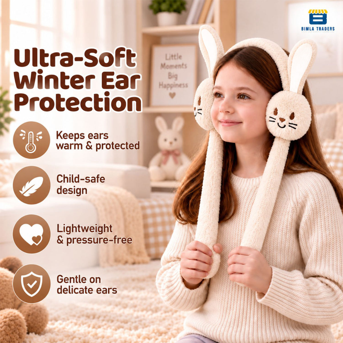 Bimla Traders Kids Premium Plush Bunny Earmuffs – Ultra-Soft, Windproof Ear Warmers with Animated Moving Ears