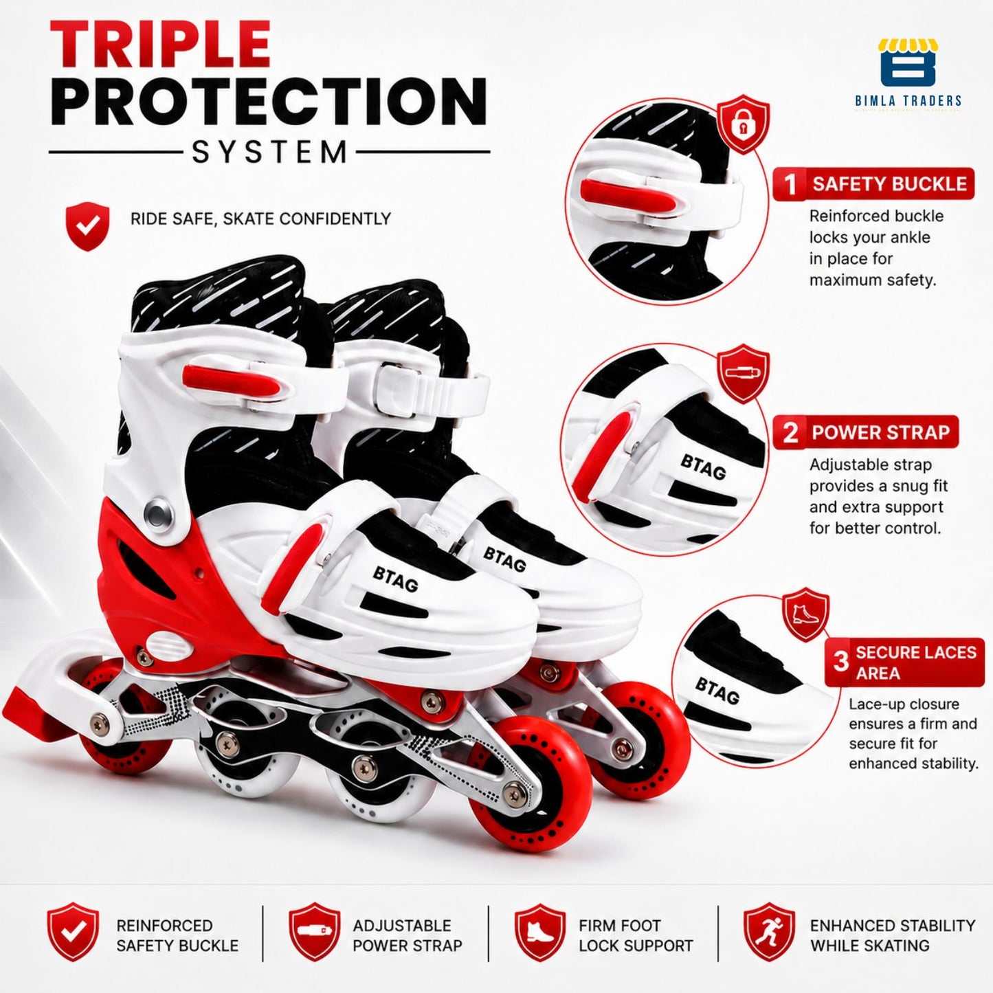 Btag Kids Inline Skates with 4 Wheels | Adjustable Roller Skate Shoes for Boys & Girls | Comfortable & Durable Skating Shoes | 1 Pair