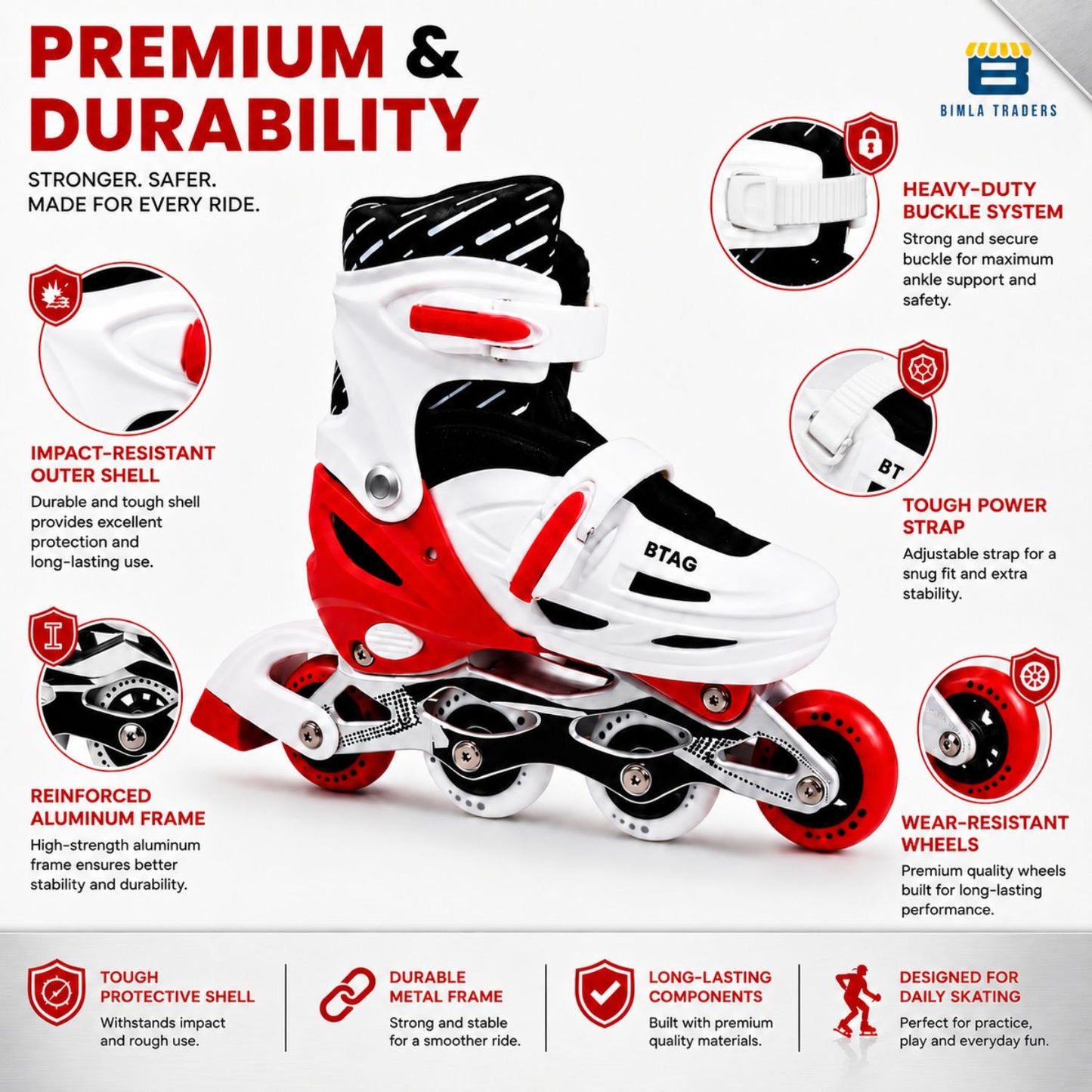 Btag Kids Inline Skates with 4 Wheels | Adjustable Roller Skate Shoes for Boys & Girls | Comfortable & Durable Skating Shoes | 1 Pair