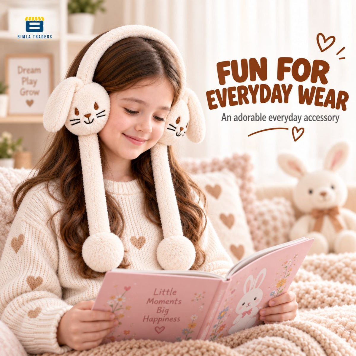 Bimla Traders Kids Premium Plush Bunny Earmuffs – Ultra-Soft, Windproof Ear Warmers with Animated Moving Ears
