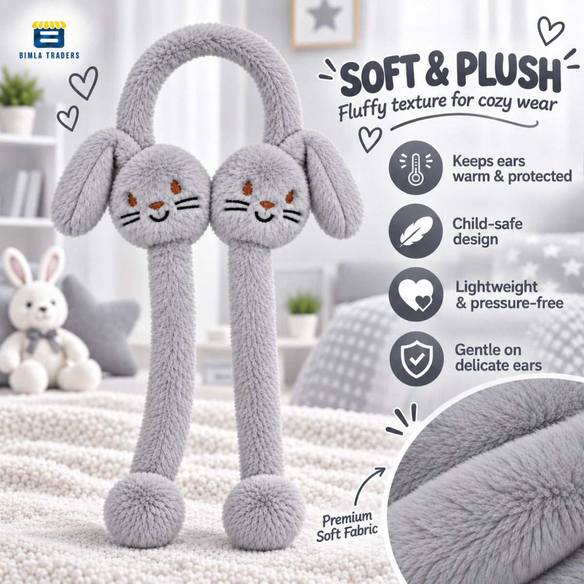 Bimla Traders Kids Premium Plush Bunny Earmuffs – Ultra-Soft, Windproof Ear Warmers with Animated Moving Ears