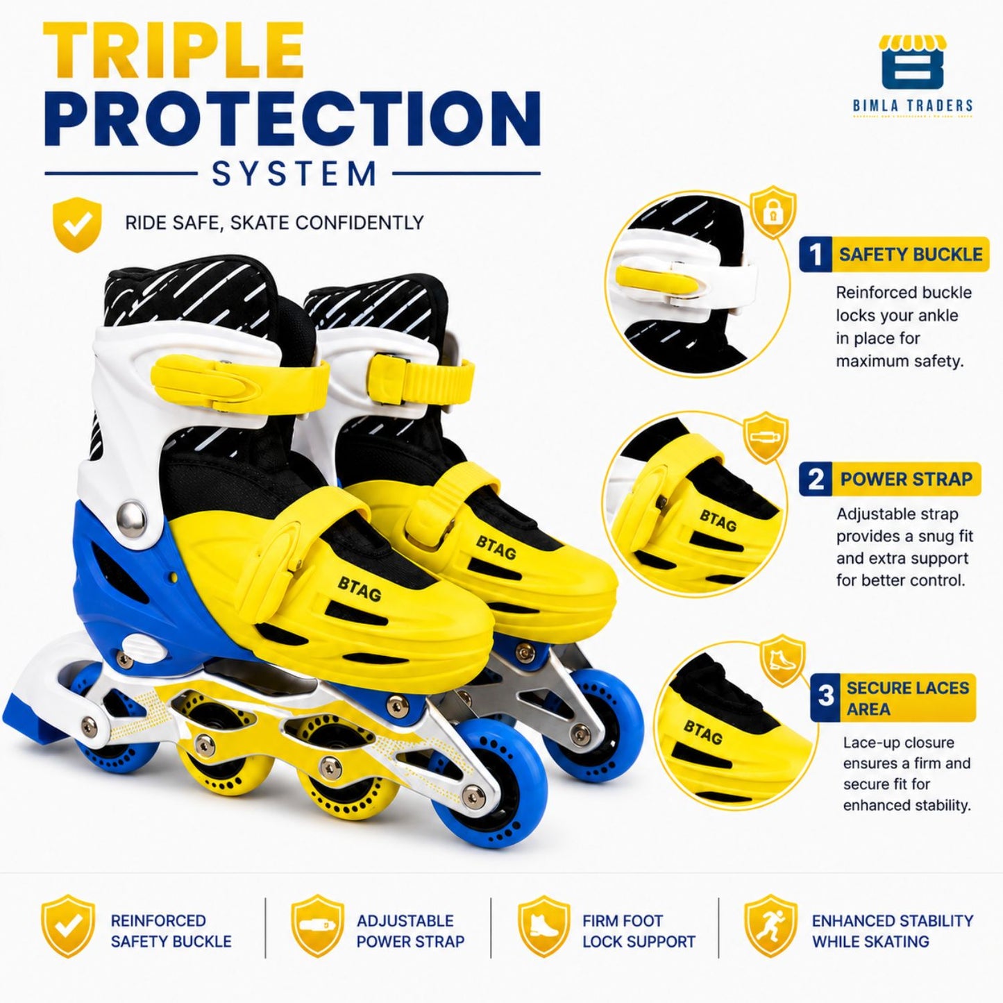 Btag Kids Inline Skates with 4 Wheels | Adjustable Roller Skate Shoes for Boys & Girls | Comfortable & Durable Skating Shoes | 1 Pair