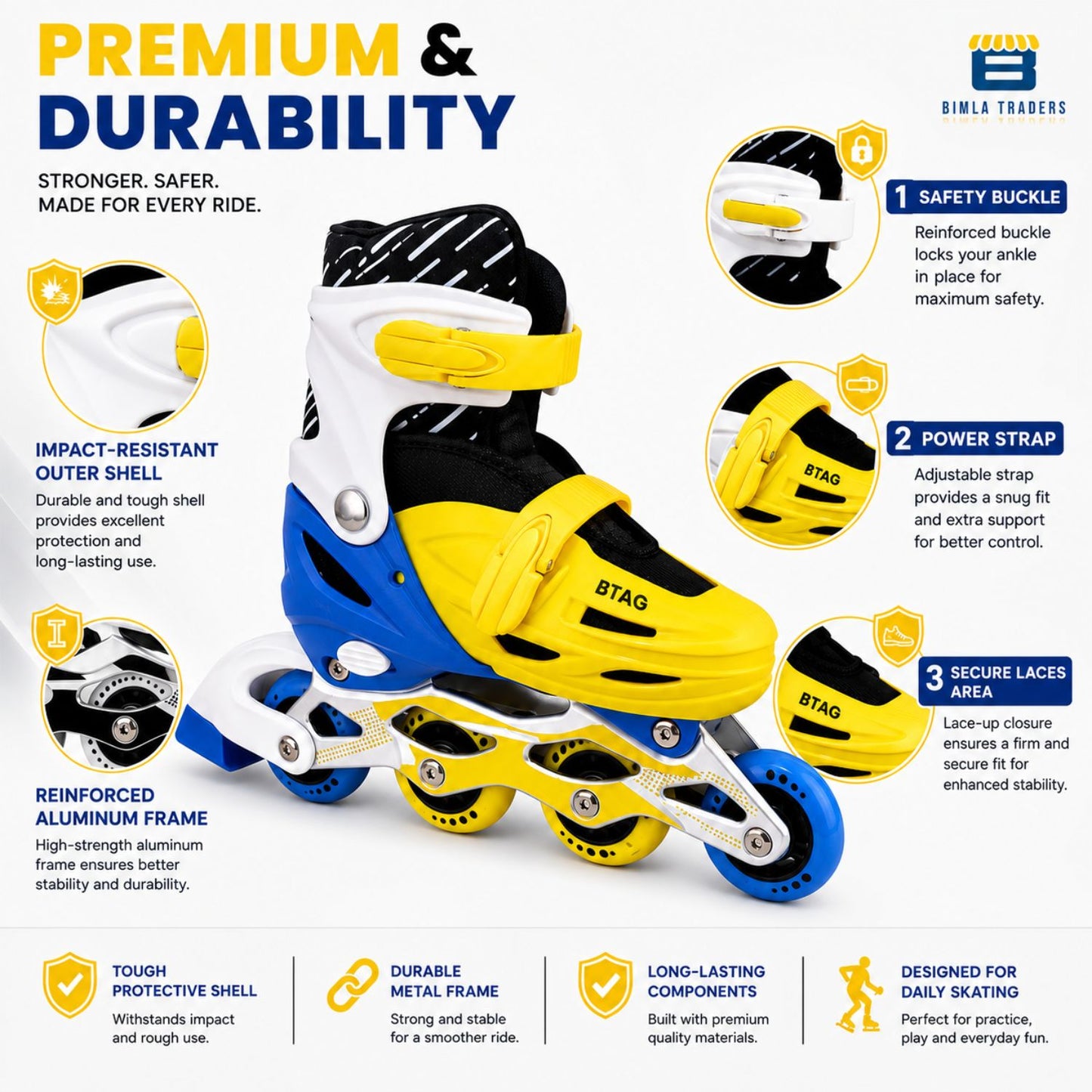 Btag Kids Inline Skates with 4 Wheels | Adjustable Roller Skate Shoes for Boys & Girls | Comfortable & Durable Skating Shoes | 1 Pair