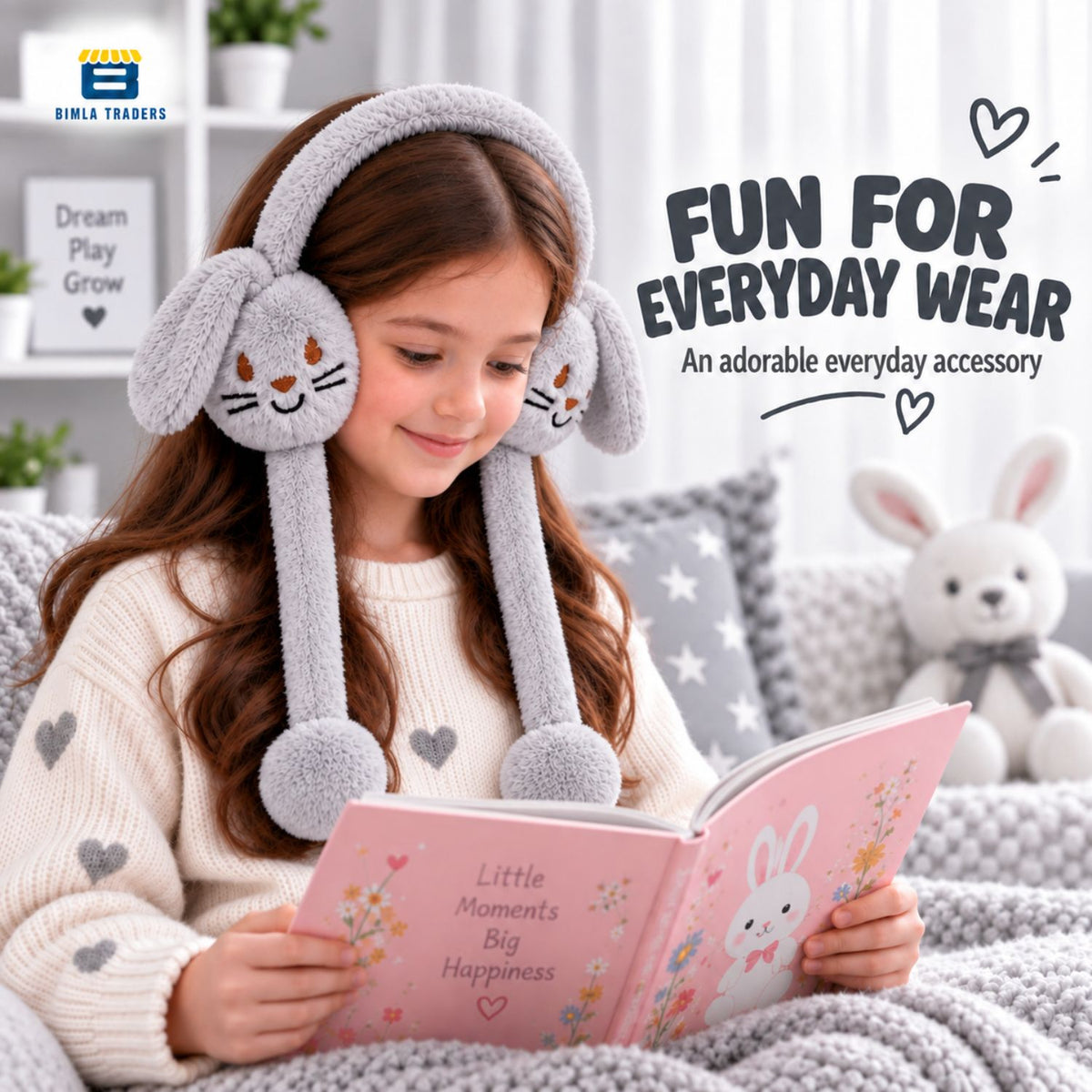 Bimla Traders Kids Premium Plush Bunny Earmuffs – Ultra-Soft, Windproof Ear Warmers with Animated Moving Ears