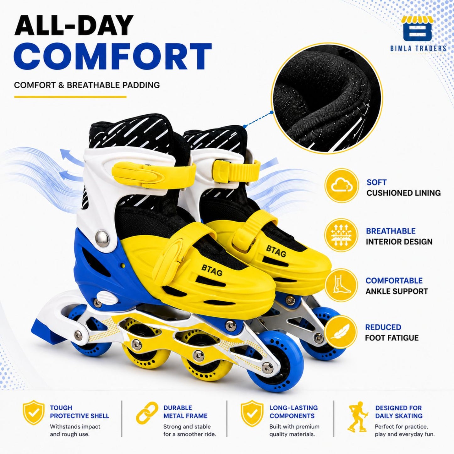 Btag Kids Inline Skates with 4 Wheels | Adjustable Roller Skate Shoes for Boys & Girls | Comfortable & Durable Skating Shoes | 1 Pair