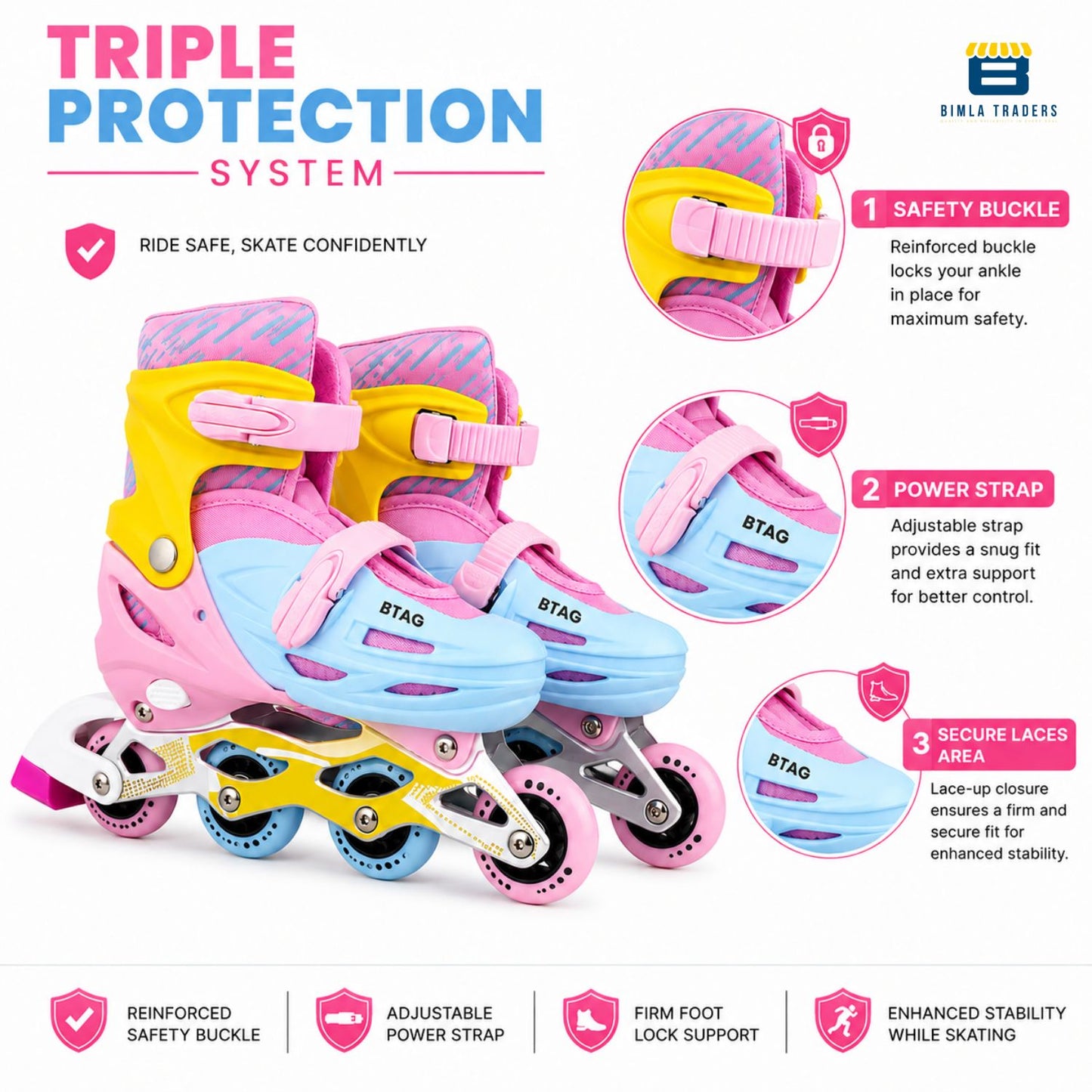 Btag Kids Inline Skates with 4 Wheels | Adjustable Roller Skate Shoes for Boys & Girls | Comfortable & Durable Skating Shoes | 1 Pair