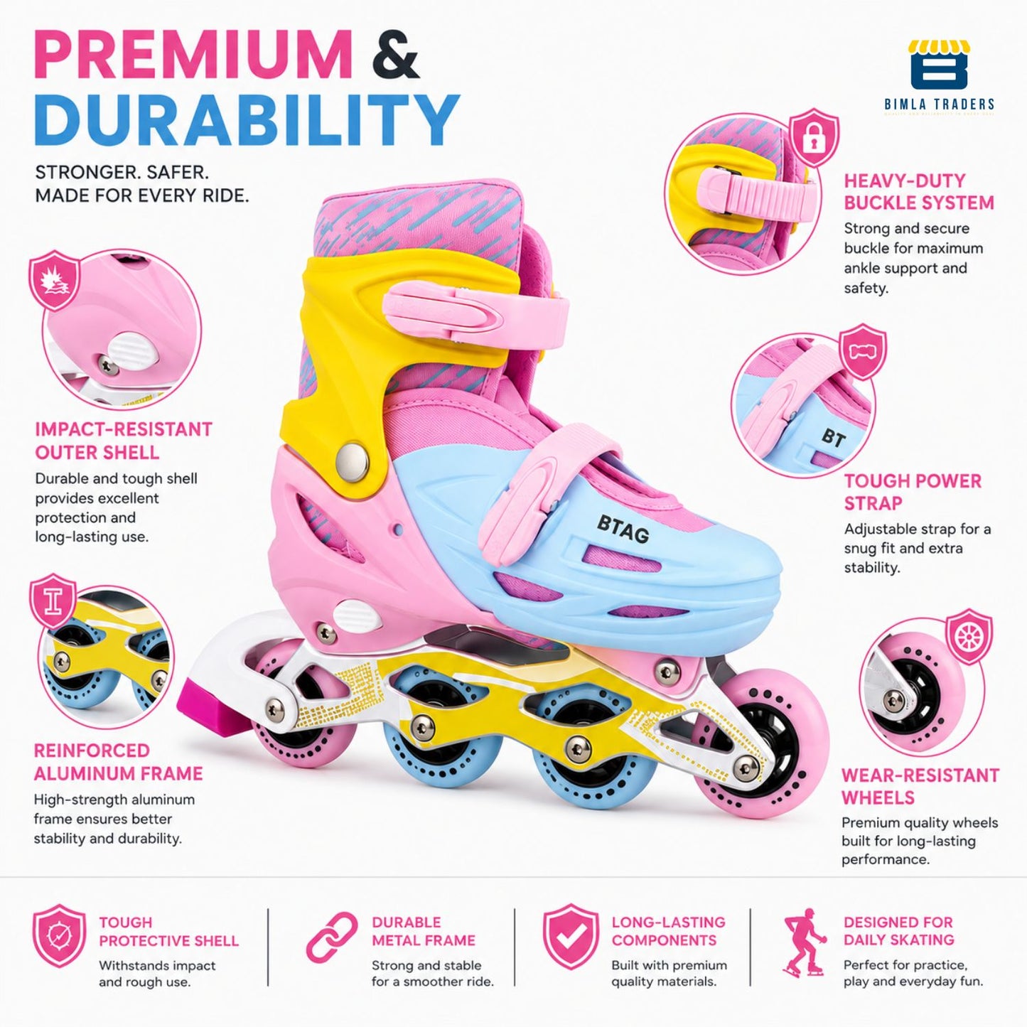 Btag Kids Inline Skates with 4 Wheels | Adjustable Roller Skate Shoes for Boys & Girls | Comfortable & Durable Skating Shoes | 1 Pair