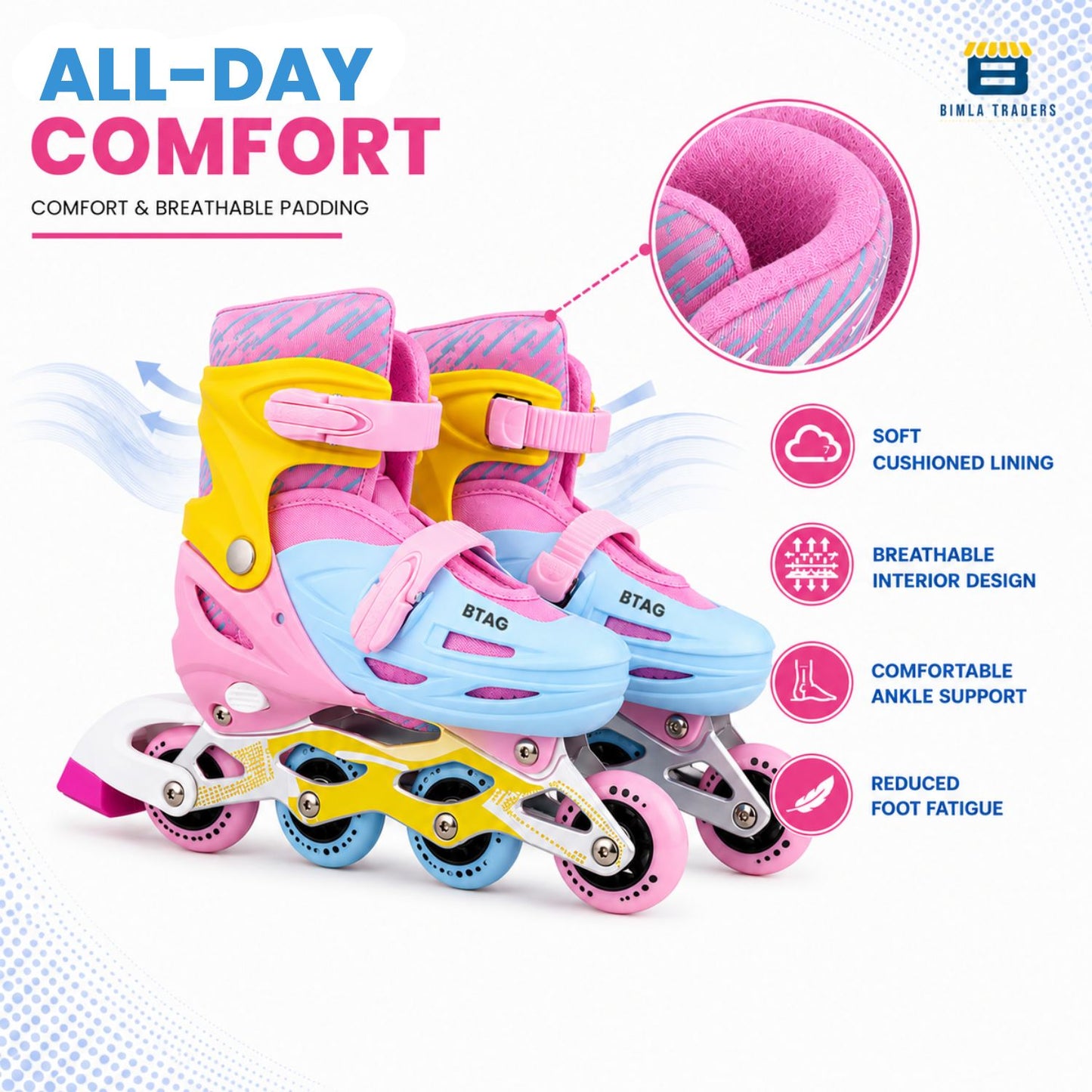 Btag Kids Inline Skates with 4 Wheels | Adjustable Roller Skate Shoes for Boys & Girls | Comfortable & Durable Skating Shoes | 1 Pair