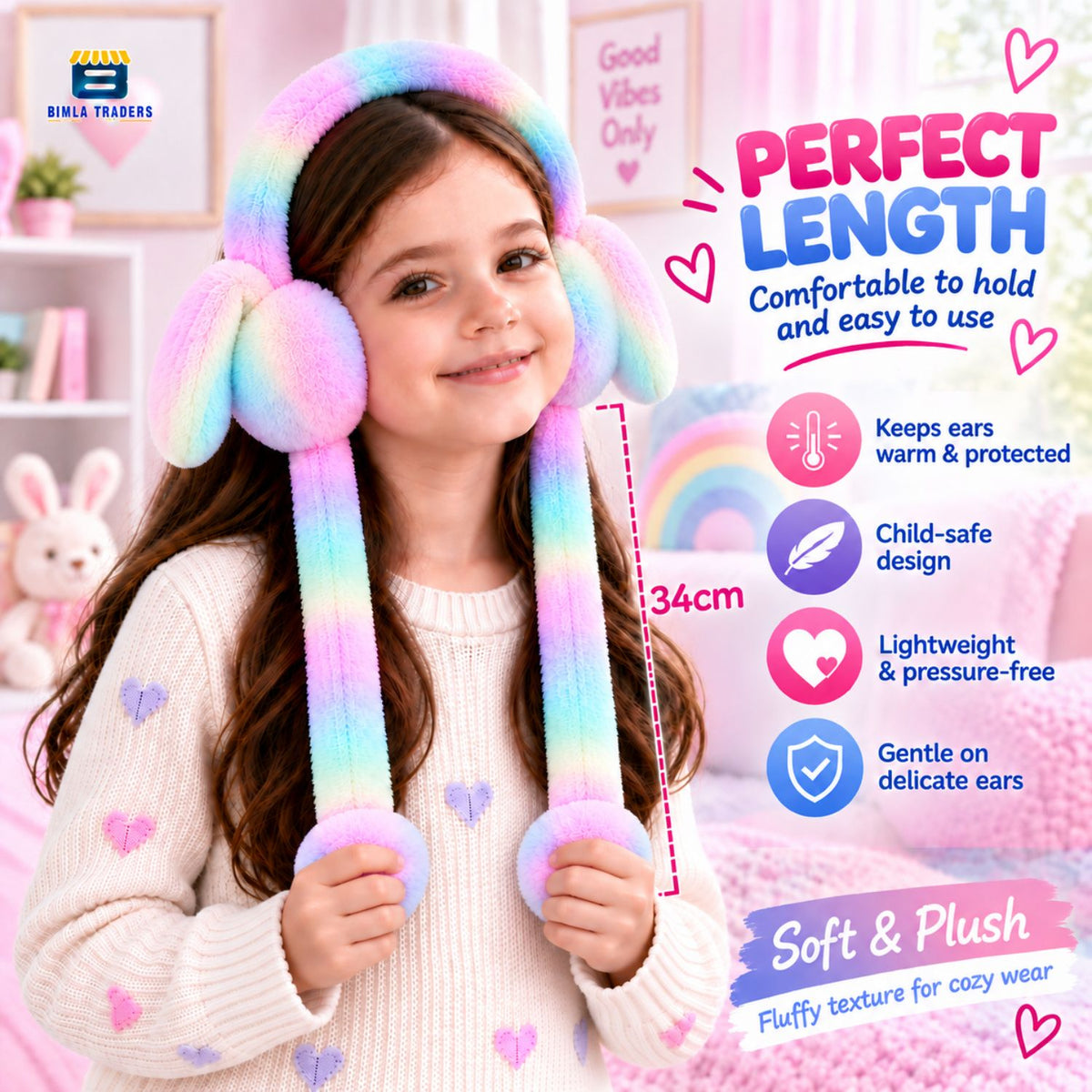 Bimla Traders Kids Premium Plush Bunny Earmuffs – Ultra-Soft, Windproof Ear Warmers with Animated Moving Ears