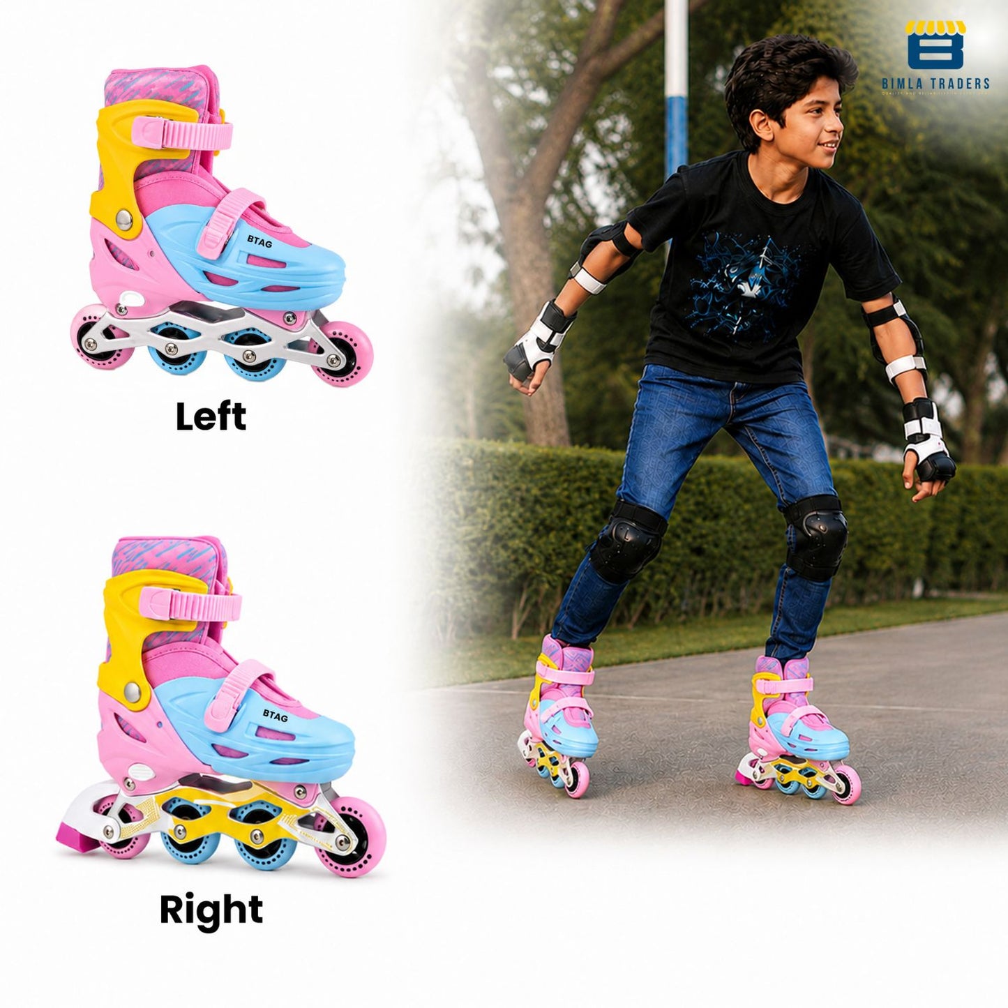 Btag Kids Inline Skates with 4 Wheels | Adjustable Roller Skate Shoes for Boys & Girls | Comfortable & Durable Skating Shoes | 1 Pair