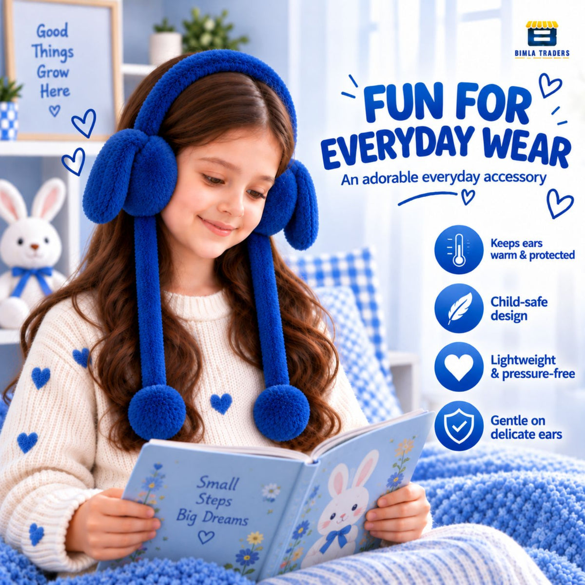 Bimla Traders Kids Premium Plush Bunny Earmuffs – Ultra-Soft, Windproof Ear Warmers with Animated Moving Ears