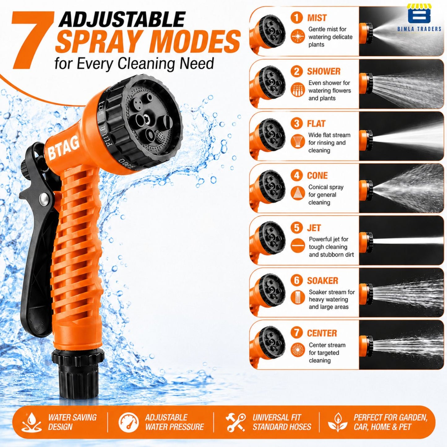 Bimla Traders 7-Pattern Garden Spray Gun Hose Nozzle with Adjustable Trigger Handle, Water Spray Nozzle for Car Wash, Lawn & Garden Watering - with Orange Connector .