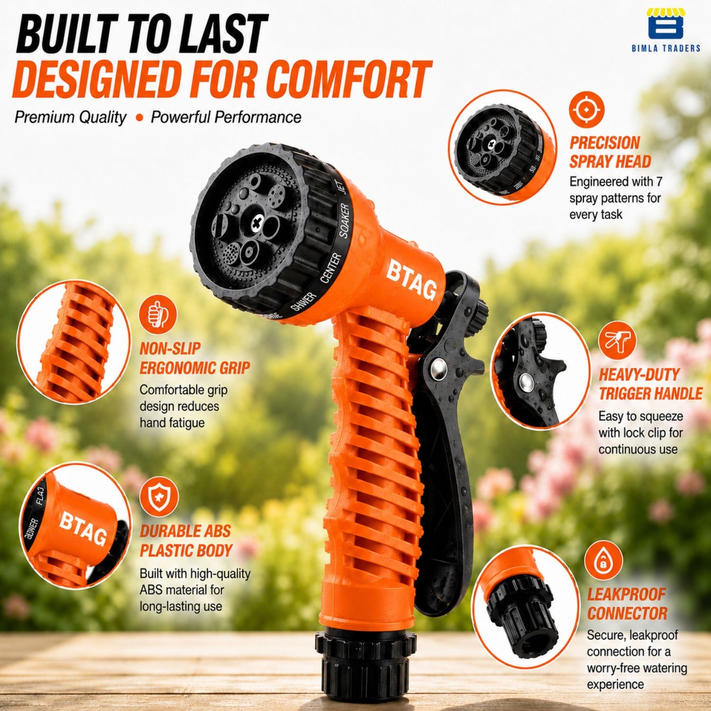 Bimla Traders 7-Pattern Garden Spray Gun Hose Nozzle with Adjustable Trigger Handle, Water Spray Nozzle for Car Wash, Lawn & Garden Watering - with Orange Connector .