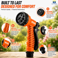 Bimla Traders 7-Pattern Garden Spray Gun Hose Nozzle with Adjustable Trigger Handle, Water Spray Nozzle for Car Wash, Lawn & Garden Watering - with Orange Connector .
