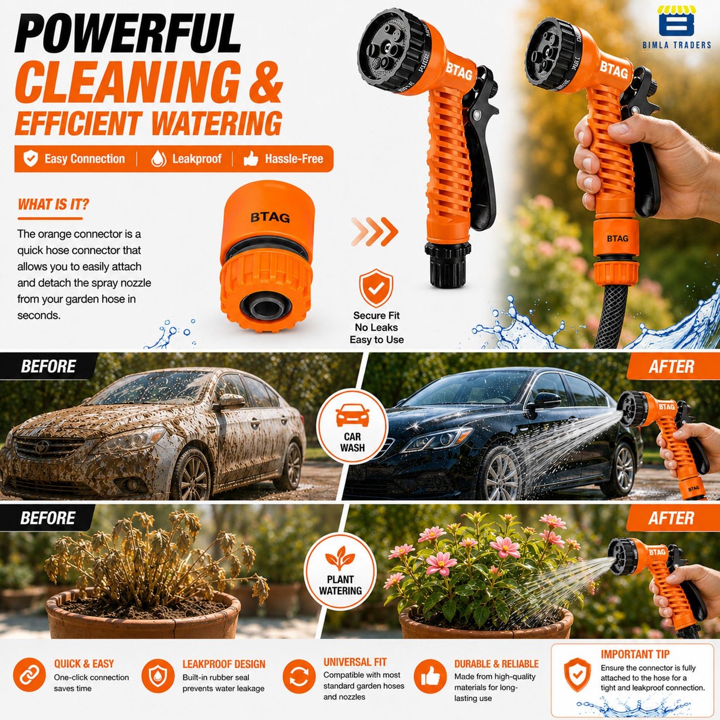 Bimla Traders 7-Pattern Garden Spray Gun Hose Nozzle with Adjustable Trigger Handle, Water Spray Nozzle for Car Wash, Lawn & Garden Watering - with Orange Connector .