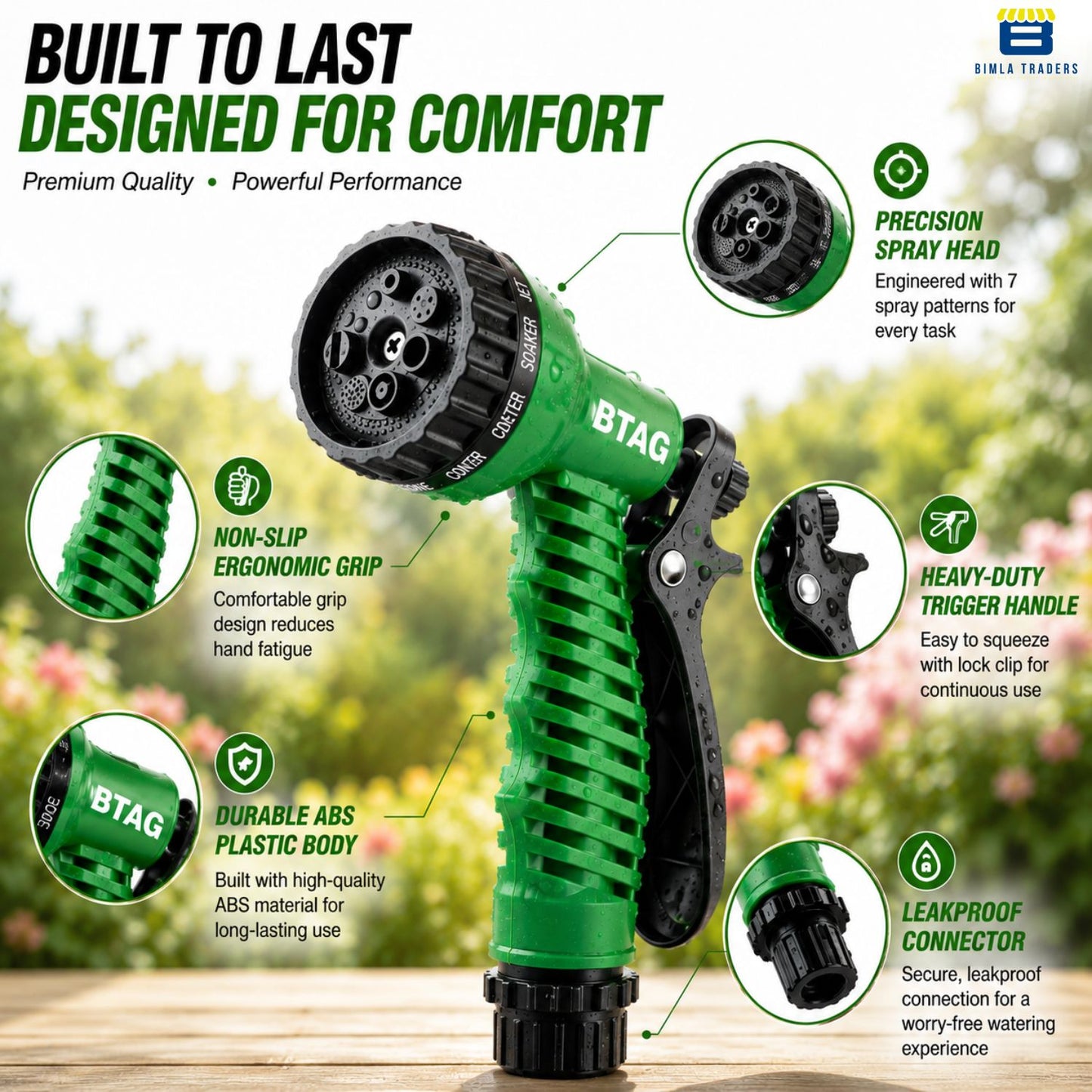 Bimla Traders 7-Pattern Garden Spray Gun Hose Nozzle with Adjustable Trigger Handle, Water Spray Nozzle for Car Wash, Lawn & Garden Watering - with Orange Connector .