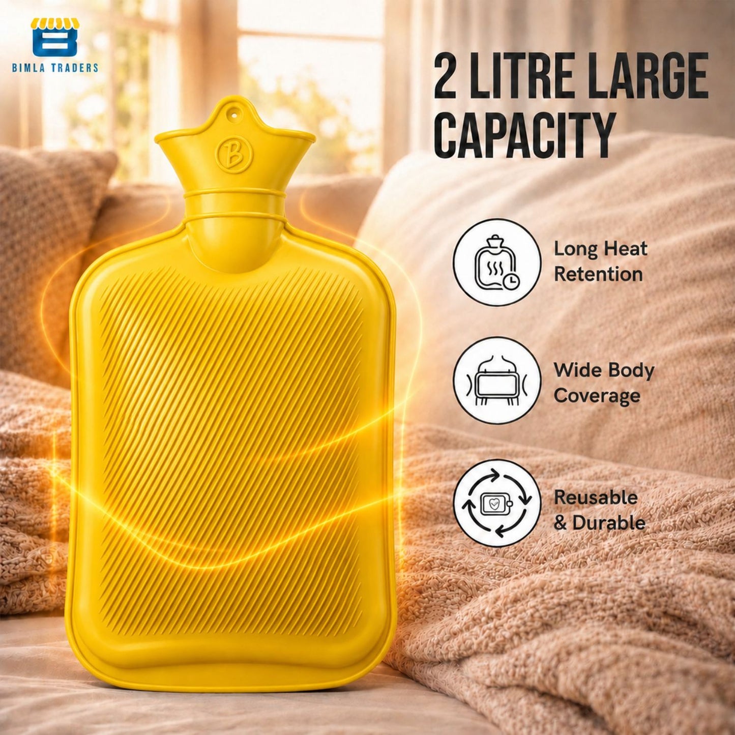 Bimla Traders Hot Water Bag (2Ltr) for Pain Relief | Non-Electric Rubber Heating Bottle Period Cramps, Body Aches | Long Heat Retention