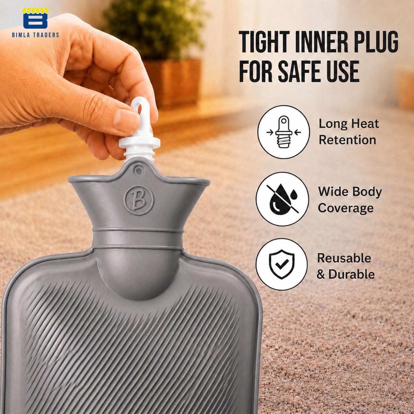Bimla Traders Hot Water Bag (2Ltr) for Pain Relief | Non-Electric Rubber Heating Bottle Period Cramps, Body Aches | Long Heat Retention