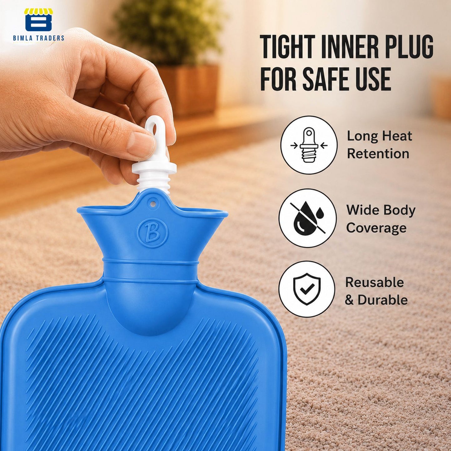 Bimla Traders Hot Water Bag (2Ltr) for Pain Relief | Non-Electric Rubber Heating Bottle Period Cramps, Body Aches | Long Heat Retention