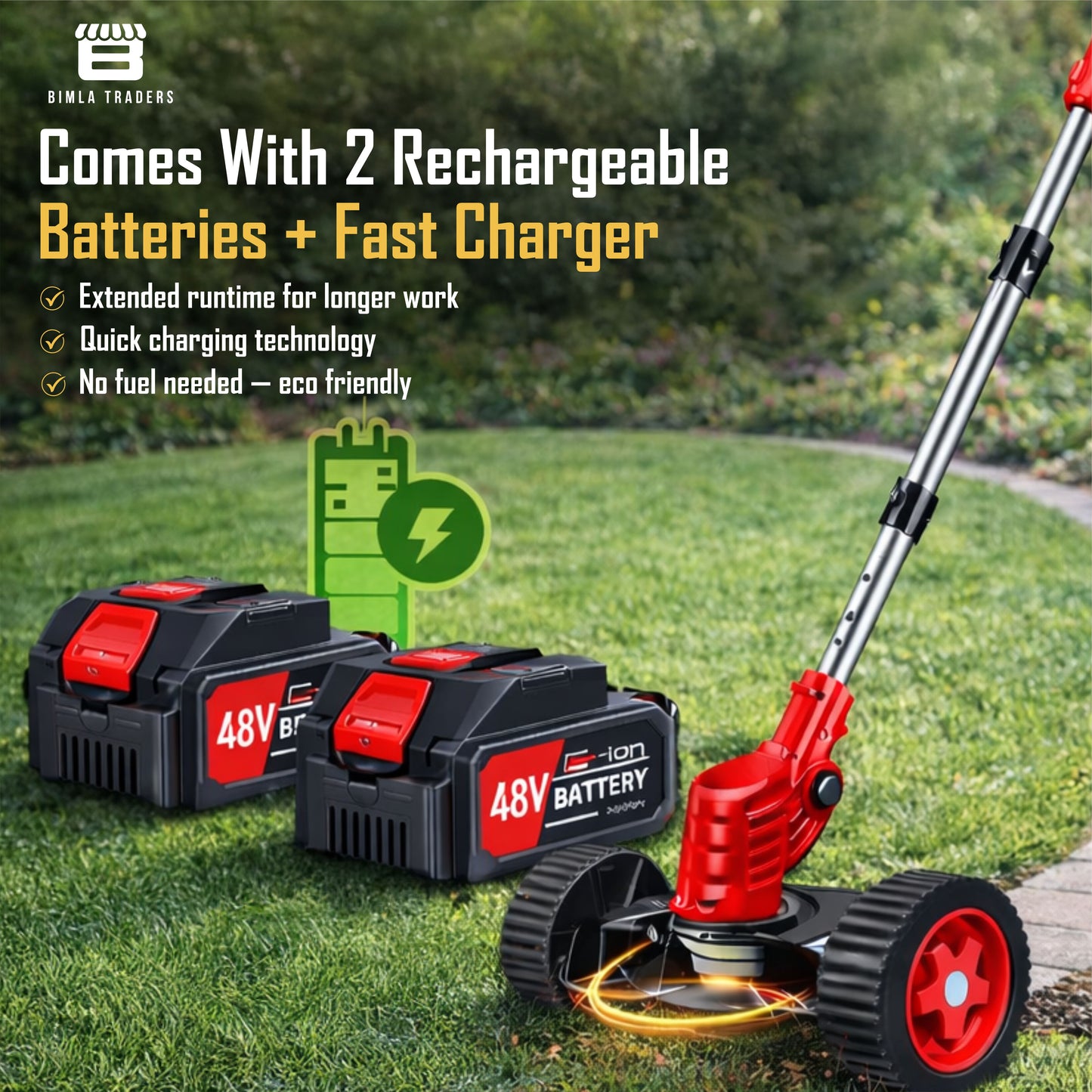 Bimla Traders 48V Cordless Electric String Trimmer & Lawn Edger with Wheels, Adjustable Handle, 2 Rechargeable Batteries, Steel & Plastic Blades, Grass Trimmer for Garden & Yard.