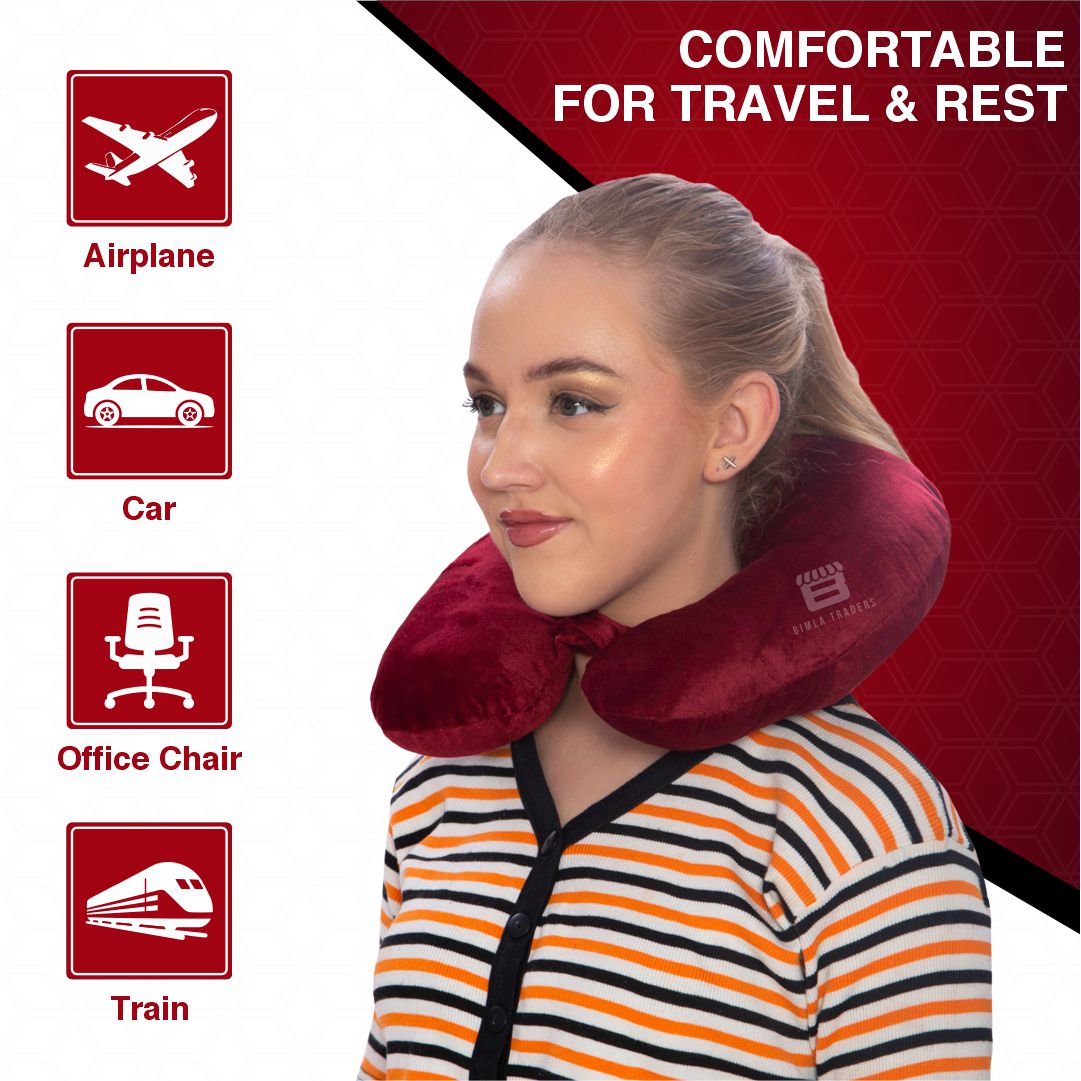 Bimla Traders Travel Neck Pillow for Men & Women | Soft Fibre Cushion for Flight, Car & Train | Soft Velvet Fabric with Attachable Snap Strap | Cervical Support for Neck Pain Relief. Pack of 1