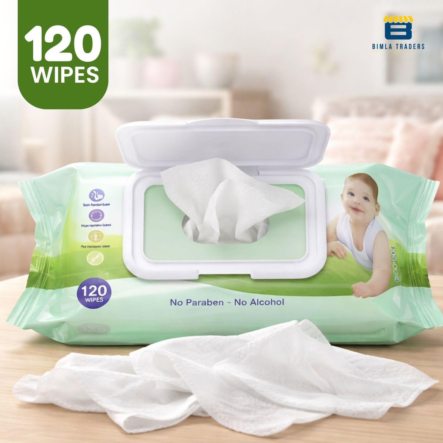 Bimla Traders Soft Natural Baby Wipes | Natural & Gentle Care | Ultra-Soft, Baby-Friendly Wet Wipes for Daily Use 120 Piece Pack