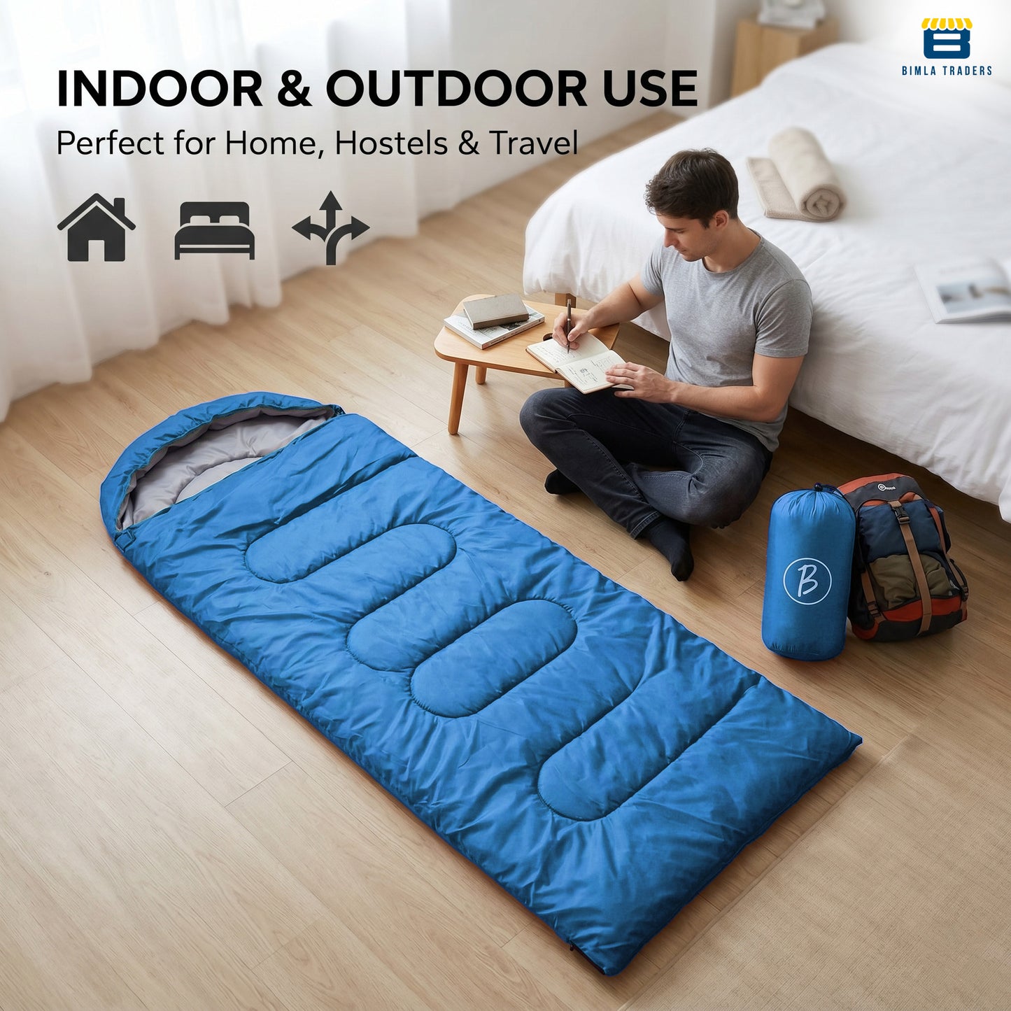 Bimla Traders Sleeping Bag for Camping & Travel | Regular Size Lightweight Sleeping Bag (1kg) | Comfortable, Easy to Carry & Store. Pack of 1