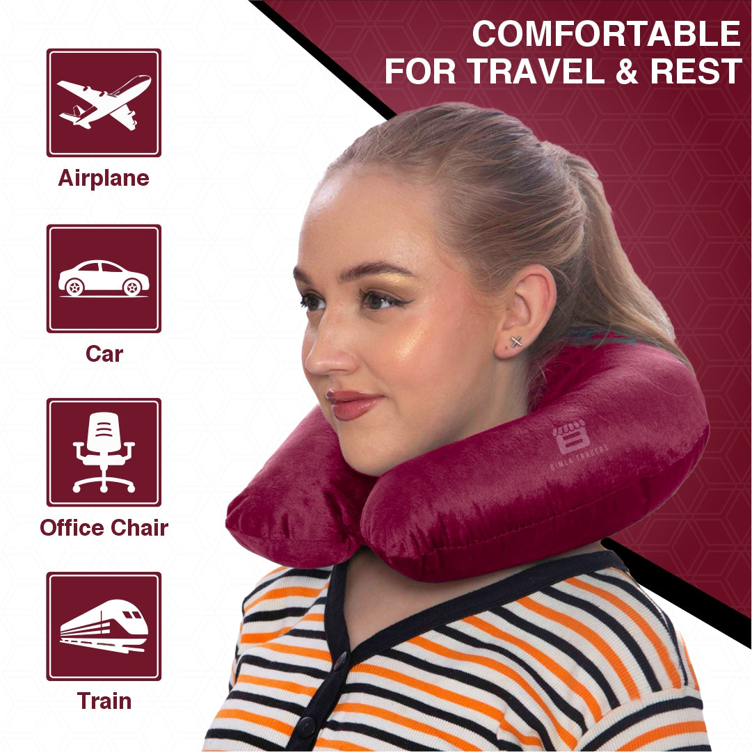 Bimla Traders Travel Neck Pillow for Men & Women | Soft Fibre Cushion for Flight, Car & Train | Soft Velvet Fabric with Attachable Snap Strap | Cervical Support for Neck Pain Relief. Pack of 1