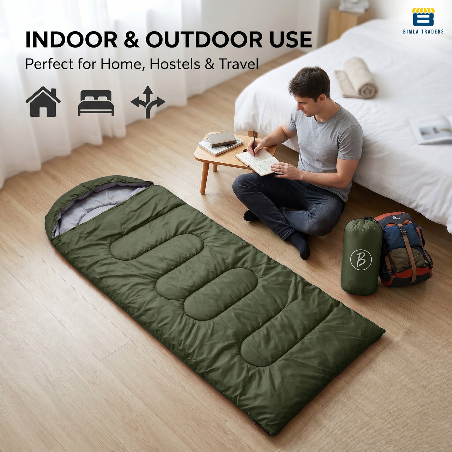Bimla Traders Sleeping Bag for Camping & Travel | Regular Size Lightweight Sleeping Bag (1kg) | Comfortable, Easy to Carry & Store. Pack of 1