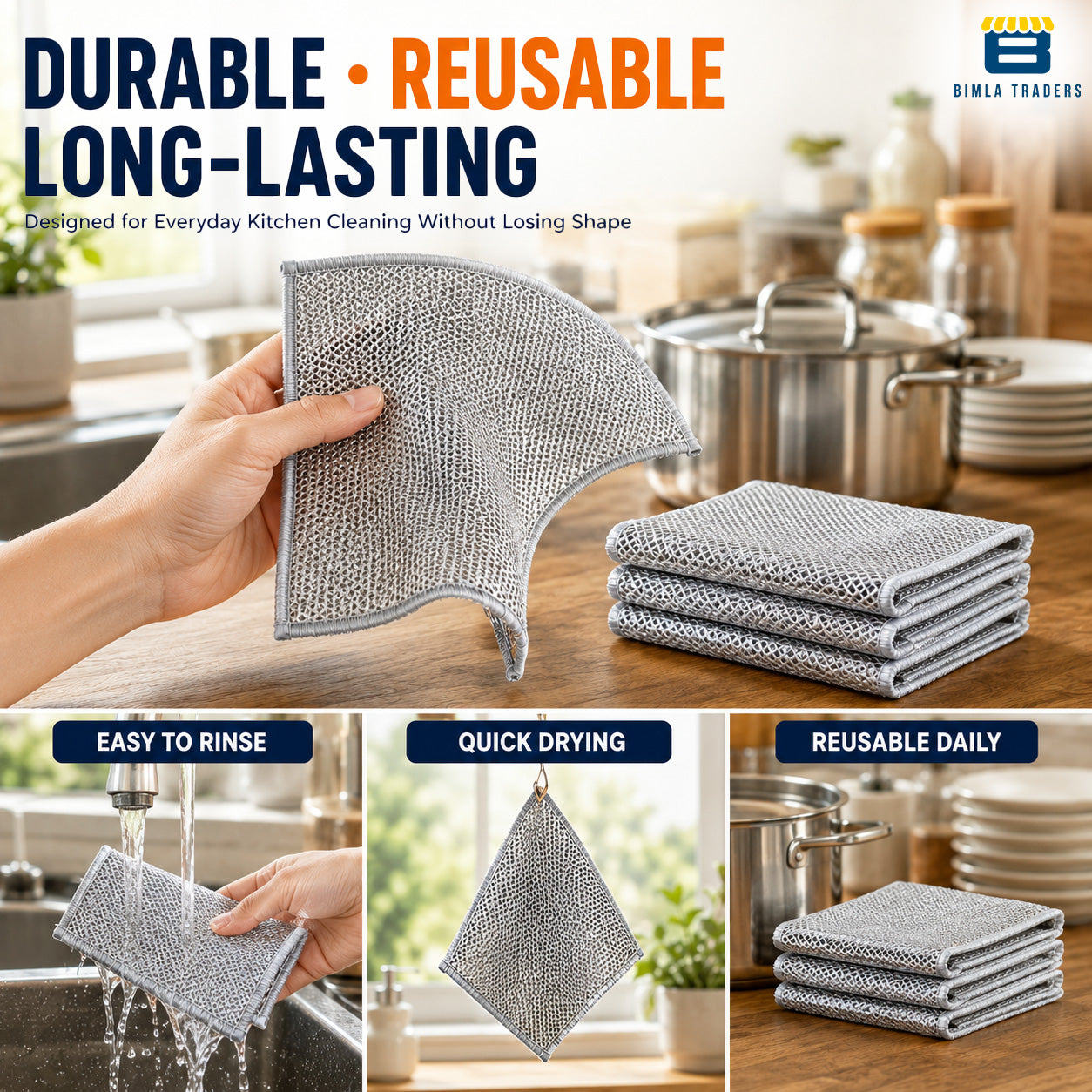 Bimla Traders Stainless Steel Non-Scratch Dish Cleaning Cloth | Reusable Wire Scrubber for Tough Grease on Utensils, Sinks & Counters | Wet & Dry Cleaning