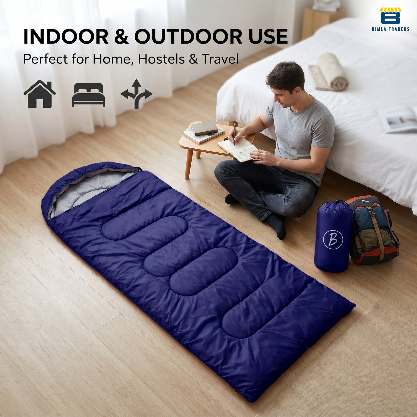 Bimla Traders Sleeping Bag for Camping & Travel | Regular Size Lightweight Sleeping Bag (1kg) | Comfortable, Easy to Carry & Store. Pack of 1
