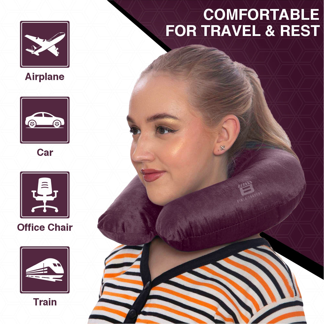 Bimla Traders Travel Neck Pillow for Men & Women | Soft Fibre Cushion for Flight, Car & Train | Soft Velvet Fabric with Attachable Snap Strap | Cervical Support for Neck Pain Relief. Pack of 1