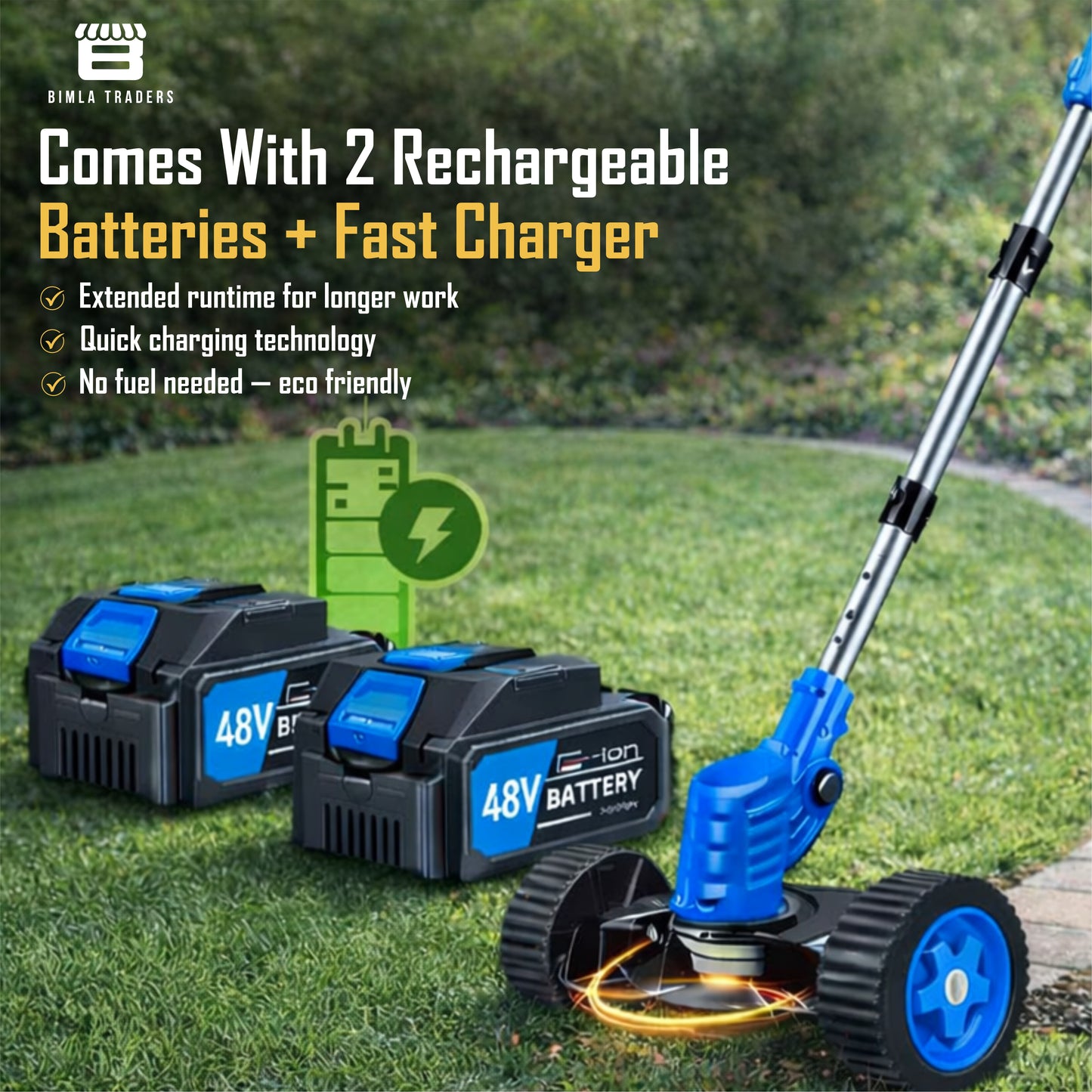 Bimla Traders 48V Cordless Electric String Trimmer & Lawn Edger with Wheels, Adjustable Handle, 2 Rechargeable Batteries, Steel & Plastic Blades, Grass Trimmer for Garden & Yard.