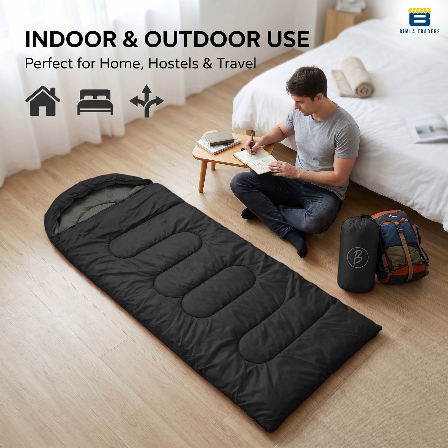 Bimla Traders Sleeping Bag for Camping & Travel | Regular Size Lightweight Sleeping Bag (1kg) | Comfortable, Easy to Carry & Store. Pack of 1
