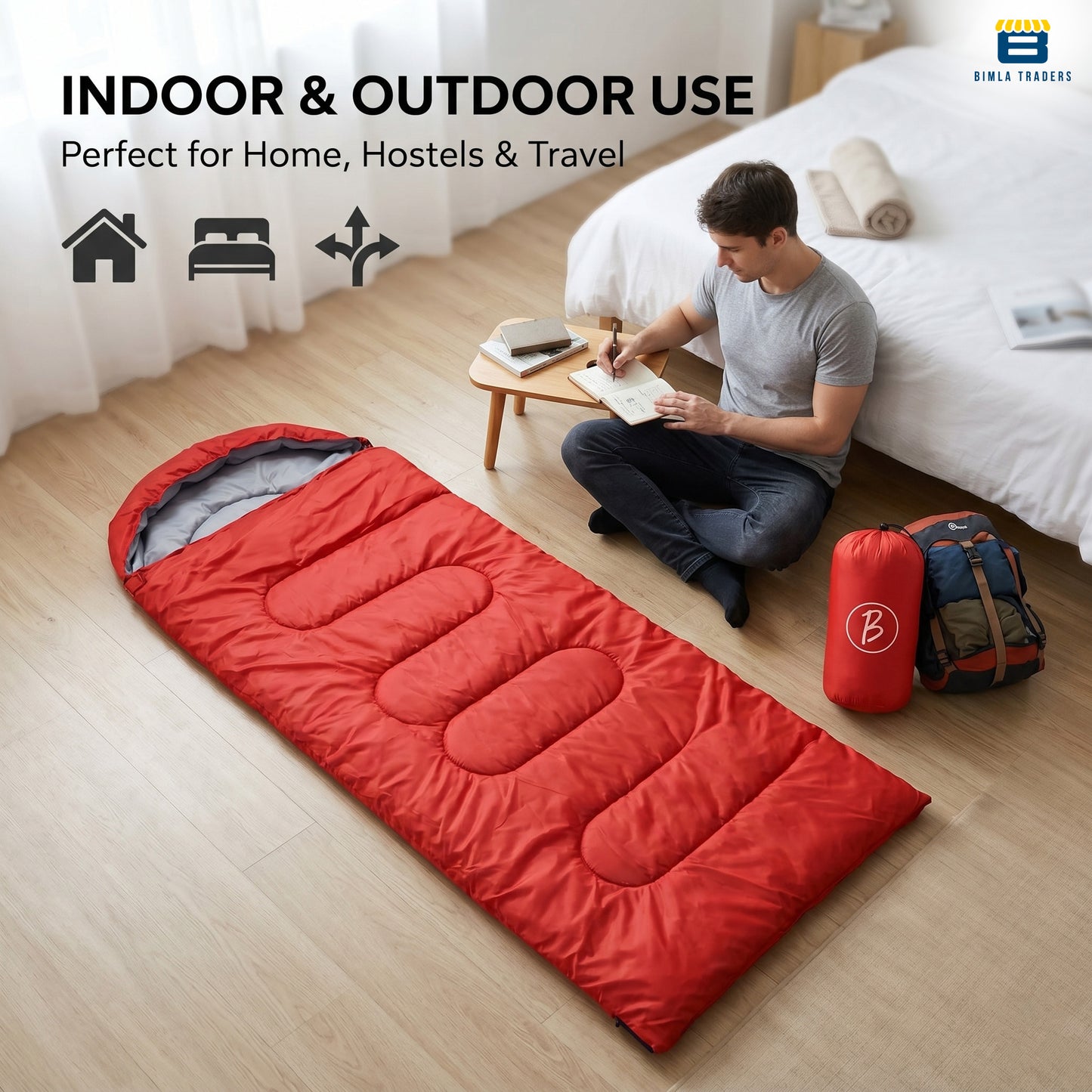 Bimla Traders Sleeping Bag for Camping & Travel | Regular Size Lightweight Sleeping Bag (1kg) | Comfortable, Easy to Carry & Store. Pack of 1
