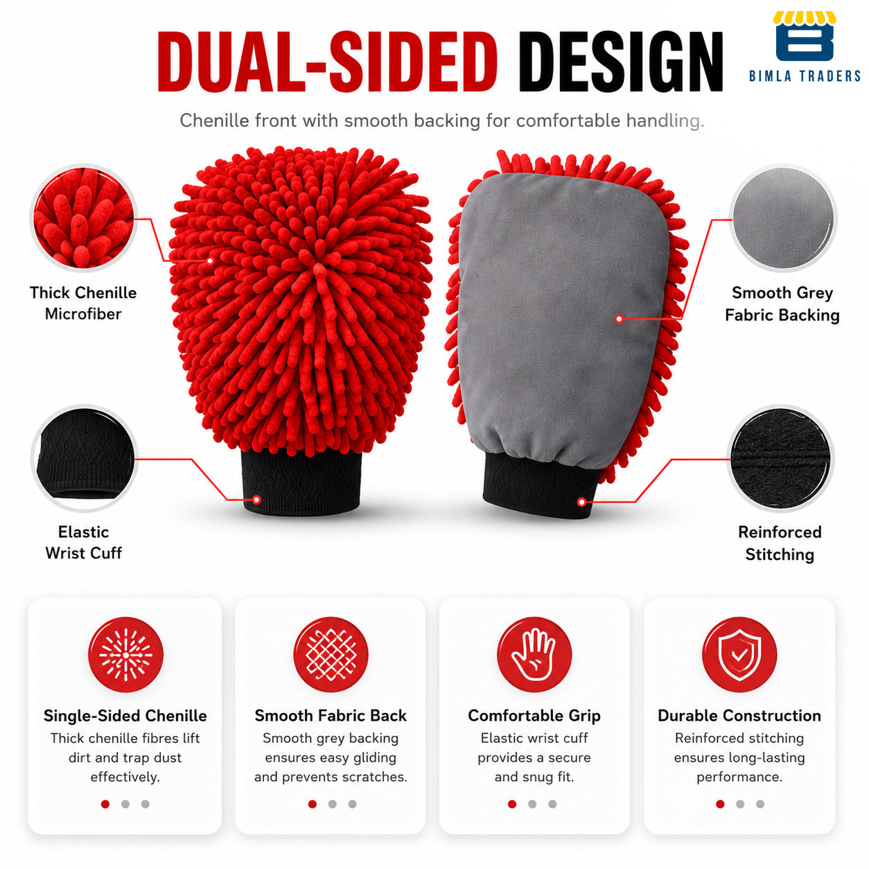Bimla Traders Microfibre Wash Mitt Cleaning Gloves | Heavy-Duty Quality | Super Absorbent | Extra Large.