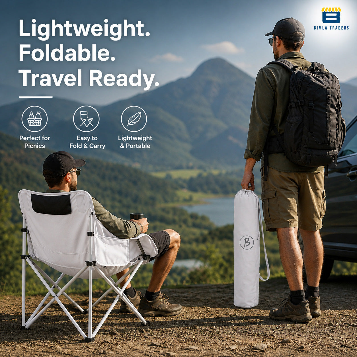 Bimla Traders Foldable Camping Chair with Carry Bag, Portable Outdoor Folding Chair for Camping, Picnic, Garden and Travel, Heavy Duty Metal Frame.