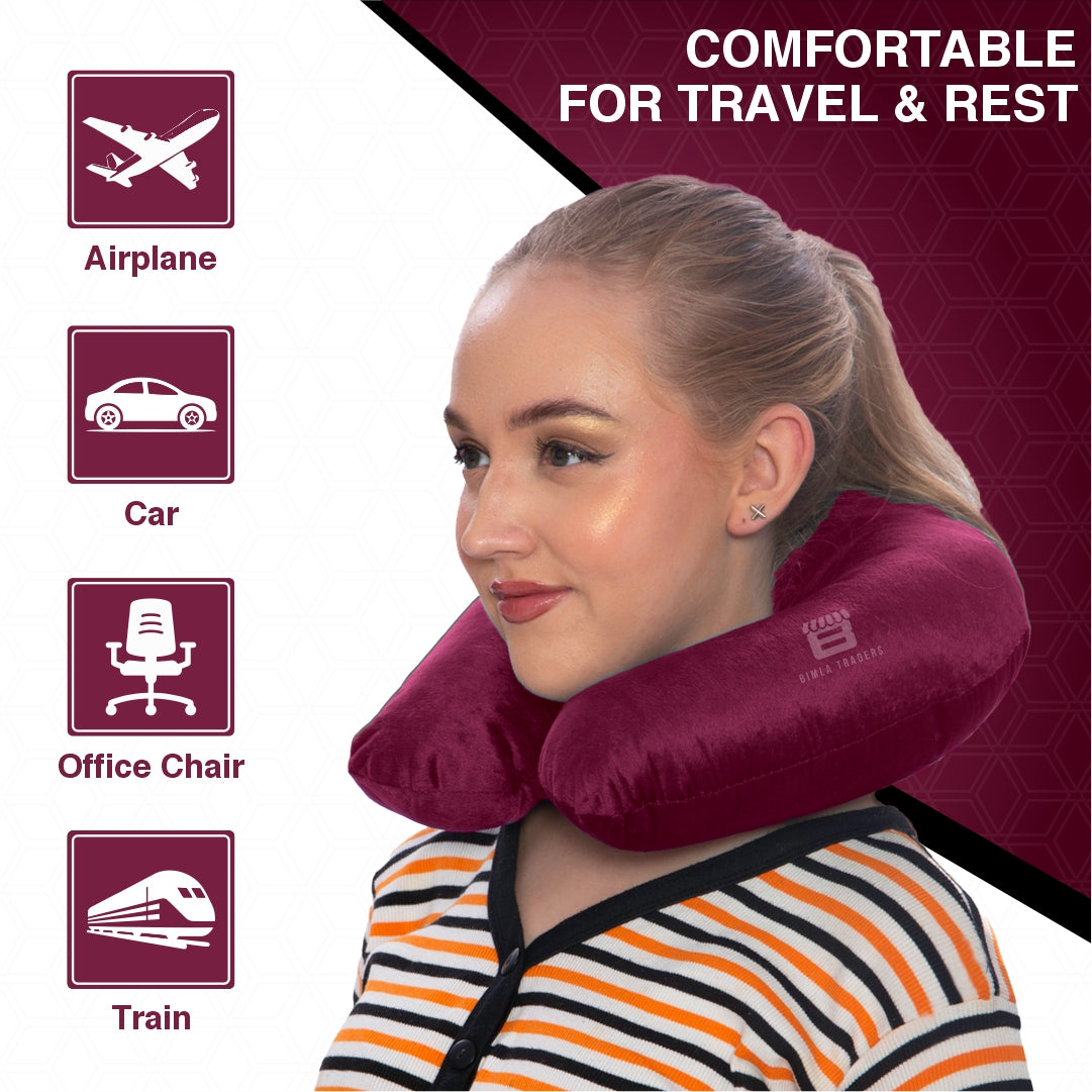 Bimla Traders Travel Neck Pillow for Men & Women | Soft Fibre Cushion for Flight, Car & Train | Soft Velvet Fabric with Attachable Snap Strap | Cervical Support for Neck Pain Relief. Pack of 1