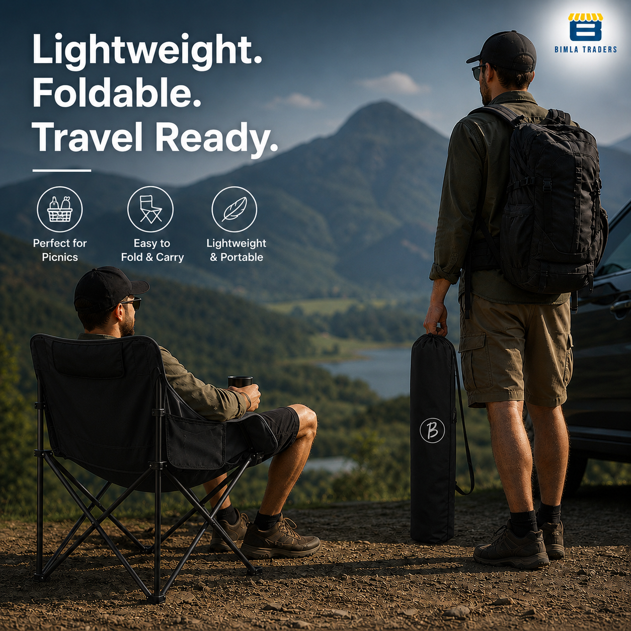 Bimla Traders Foldable Camping Chair with Carry Bag, Portable Outdoor Folding Chair for Camping, Picnic, Garden and Travel, Heavy Duty Metal Frame.