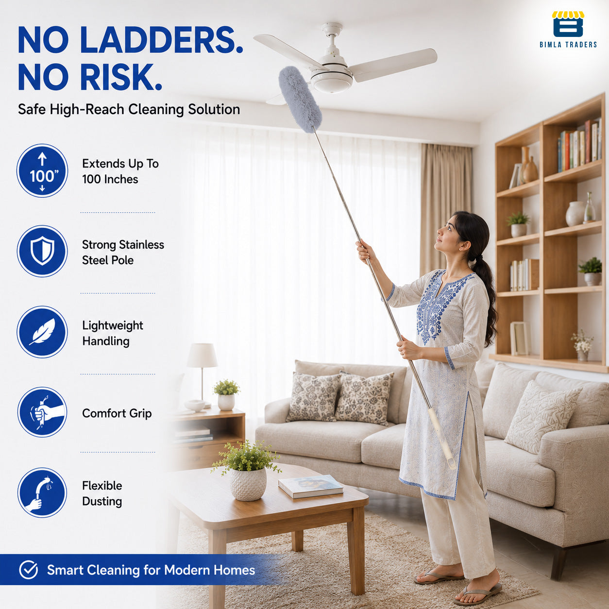 Bimla Traders Feather Duster Bendable & Extendable Fan Cleaning Duster with 100 inches Expandable Pole Handle Washable
