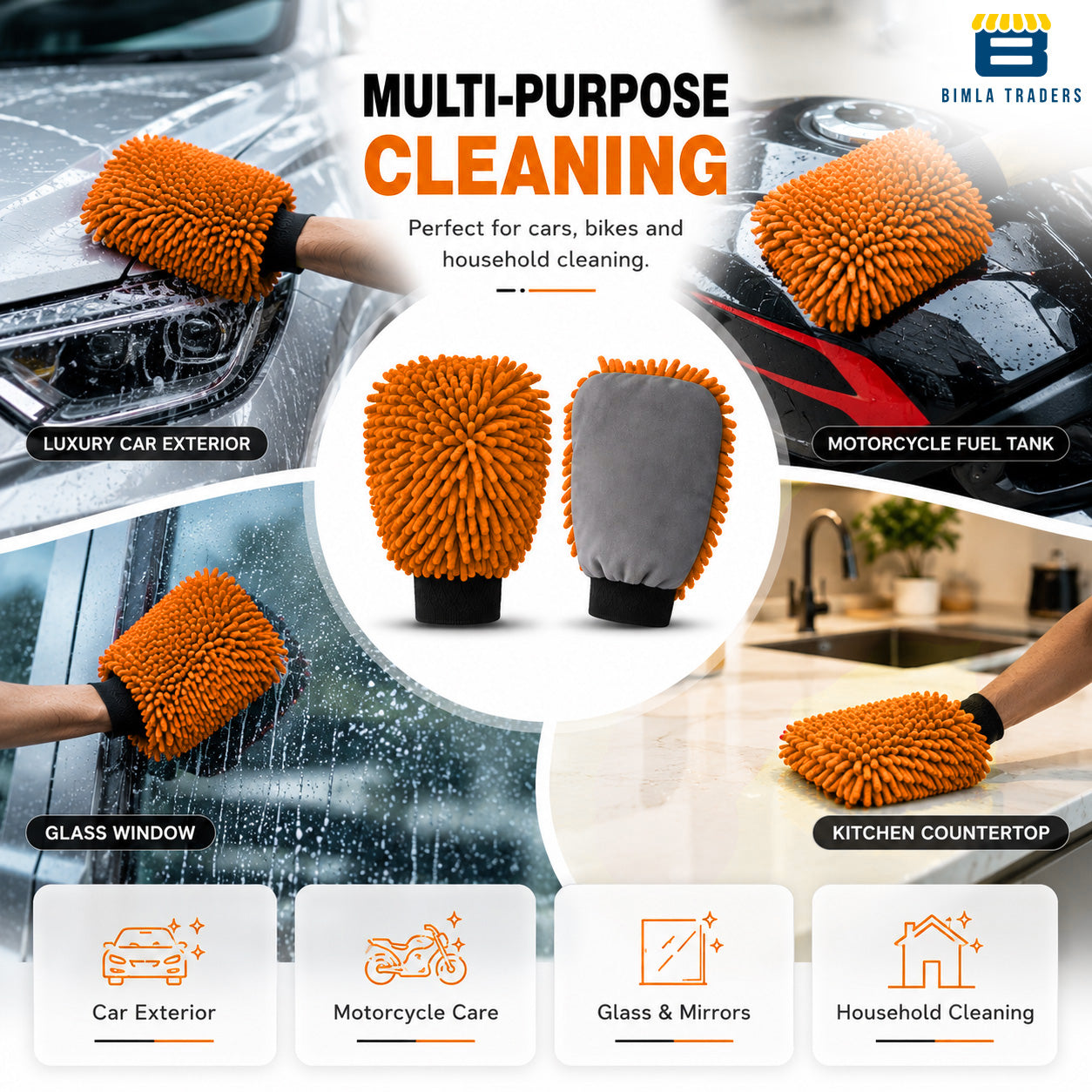 Bimla Traders Microfibre Wash Mitt Cleaning Gloves | Heavy-Duty Quality | Super Absorbent | Extra Large.