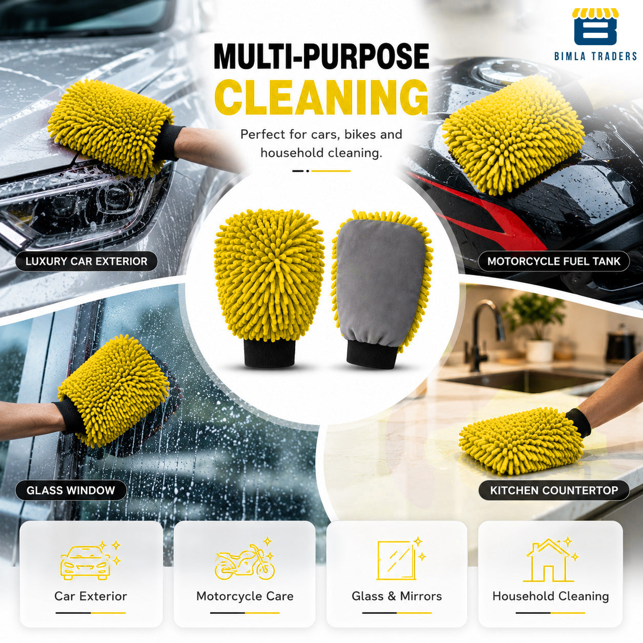 Bimla Traders Microfibre Wash Mitt Cleaning Gloves | Heavy-Duty Quality | Super Absorbent | Extra Large.