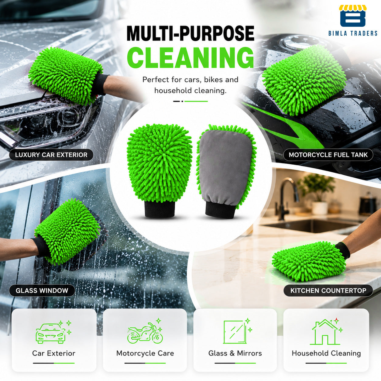 Bimla Traders Microfibre Wash Mitt Cleaning Gloves | Heavy-Duty Quality | Super Absorbent | Extra Large.