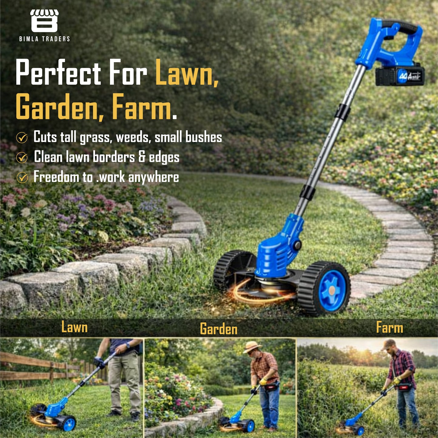 Bimla Traders 48V Cordless Electric String Trimmer & Lawn Edger with Wheels, Adjustable Handle, 2 Rechargeable Batteries, Steel & Plastic Blades, Grass Trimmer for Garden & Yard.